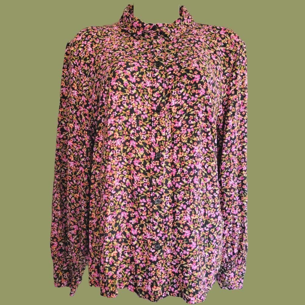 H&M Ditsy Floral Pink and Orange on Black Long Sleeve Rayon Blouse, Sz M